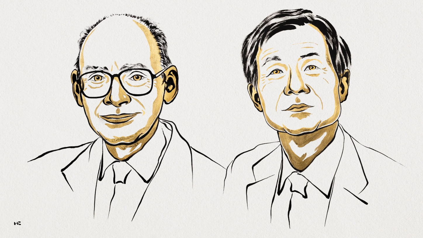 An illustration of Henri B. Kagan (L) and Kenso Soai. /Nobel Prize