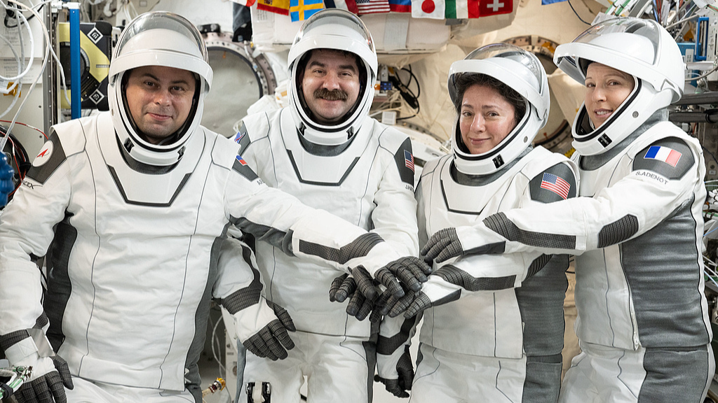 (Left to right) Roscosmos cosmonaut Andrey Fedyaev, NASA astronauts Jack Hathaway and Jessica Meir, and European Space Agency astronaut Sophie Adenot. /CMG