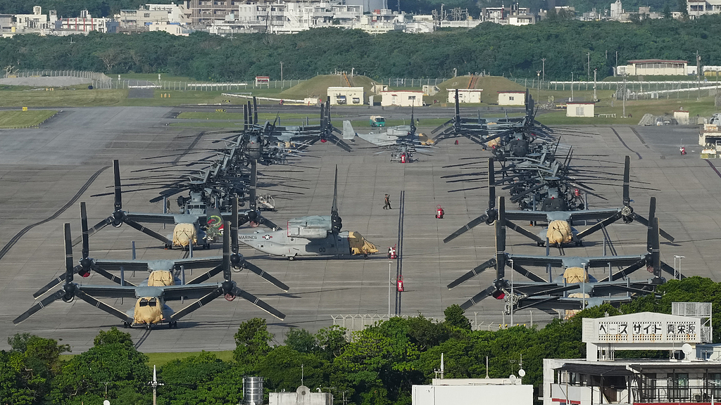 US Marine Corps MV-22 Ospreys are parked at Marine Corps Air Station Futenma in Ginowan City, Okinawa Prefecture, southwestern Japan, October 7, 2026. /VCG