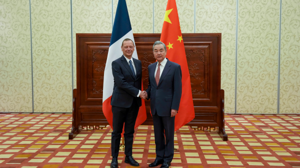 Wang Yi (R), a member of the Political Bureau of the Communist Party of China Central Committee and director of the Office of the Central Commission for Foreign Affairs, holds the 28th China-France Strategic Dialogue with French President's Diplomatic Adviser Emmanuel Bonne in Datong, north China's Shanxi Province, October 10, 2026. /Chinese Foreign Ministry