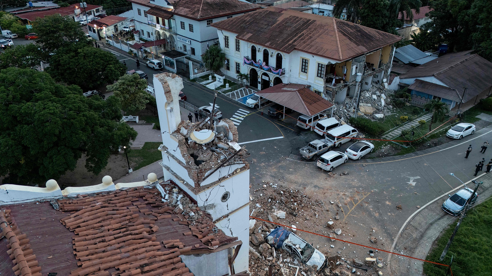This aerial view shows the collapsed cathedral (L) and the collapsed Penonome Governor's Office building after a M7.6 earthquake struck the country, in Penonome, Panama, October 9, 2026. /VCG