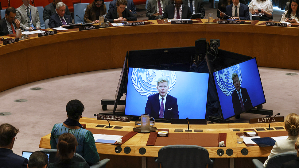 File photo of Hans Grundberg, UN special envoy of the secretary-general for Yemen, speaking via video link during a UN Security Council meeting at the UN headquarters in New York, US. /VCG