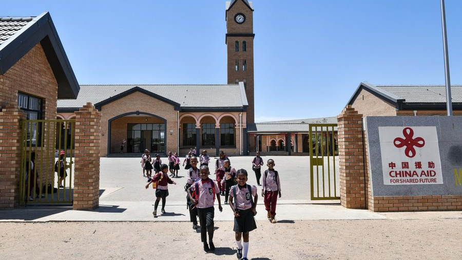 Students leave the campus of China-aided Mmopane Primary School in Mmopane, Kweneng District, Botswana, November 4, 2024. /Xinhua