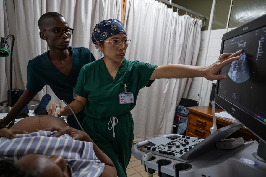 A Chinese obstetrician with the 17th batch of the Chinese medical team to Botswana conducts ultrasound examination for a local pregnant woman at Princess Marina Hospital in Gaborone, Botswana, May 5, 2026. /Xinhua