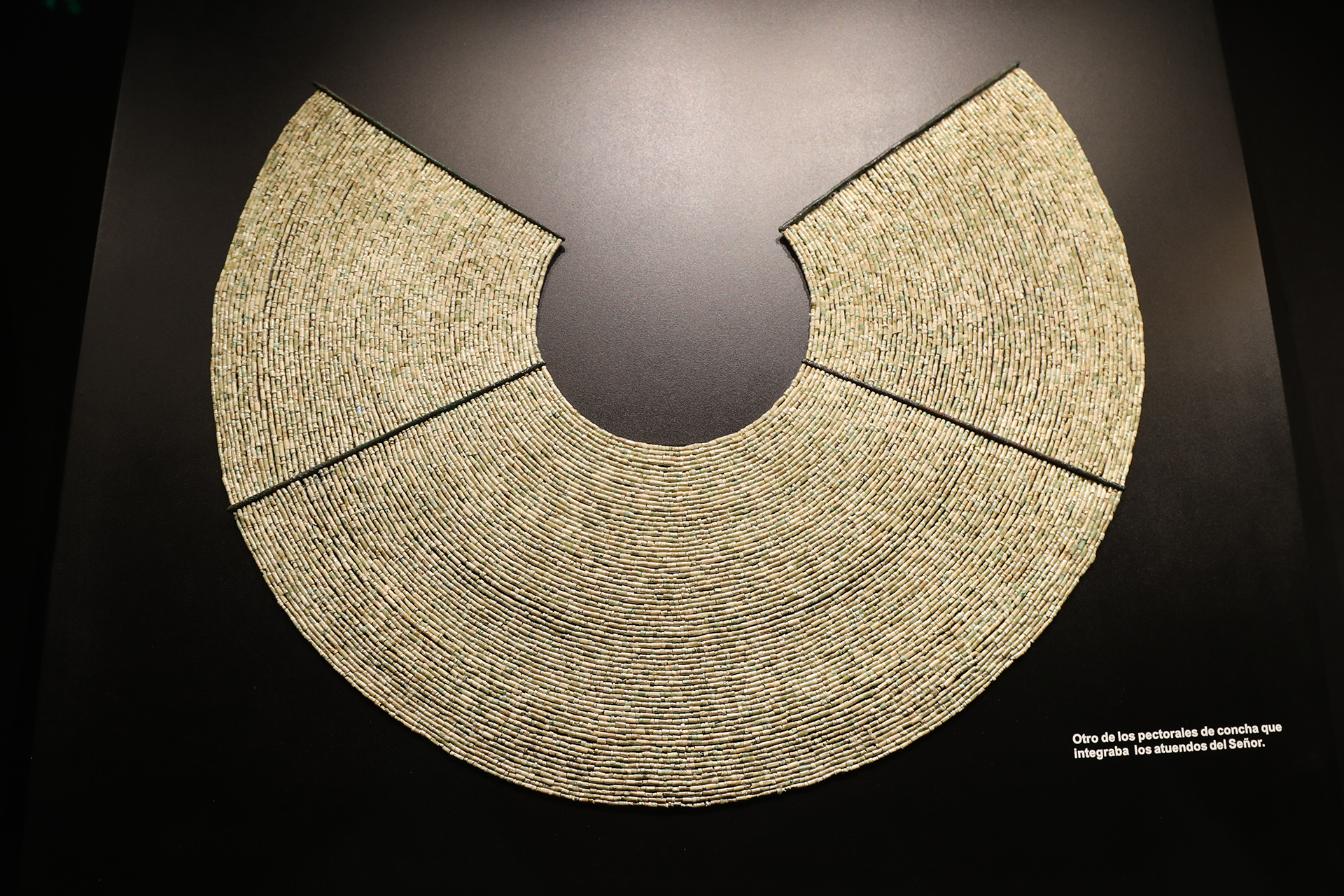 A white shell bead pectoral is seen on display at the 