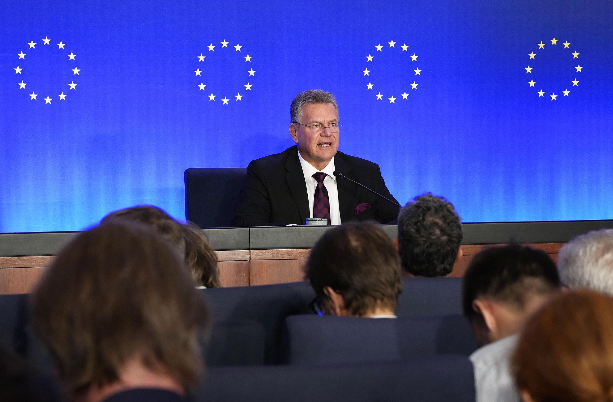 The European Commissioner for Trade and Economic Security Maros Sefcovic speaks during a press conference held in Beijing, China, October 9, 2026. /CFP