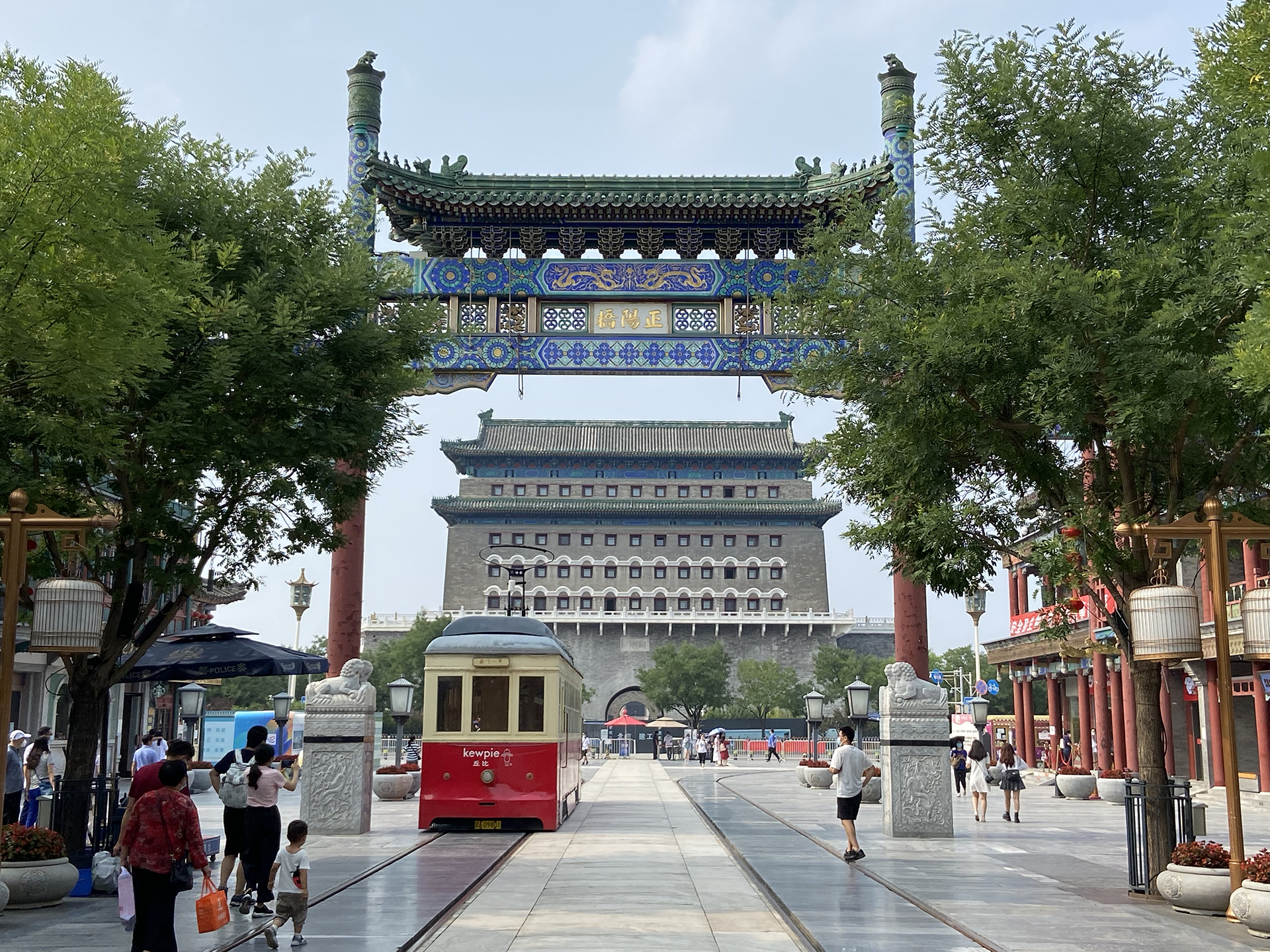 The Zhengyangmen Archery Tower and a tram are seen from Qianmen Street. /CGTN