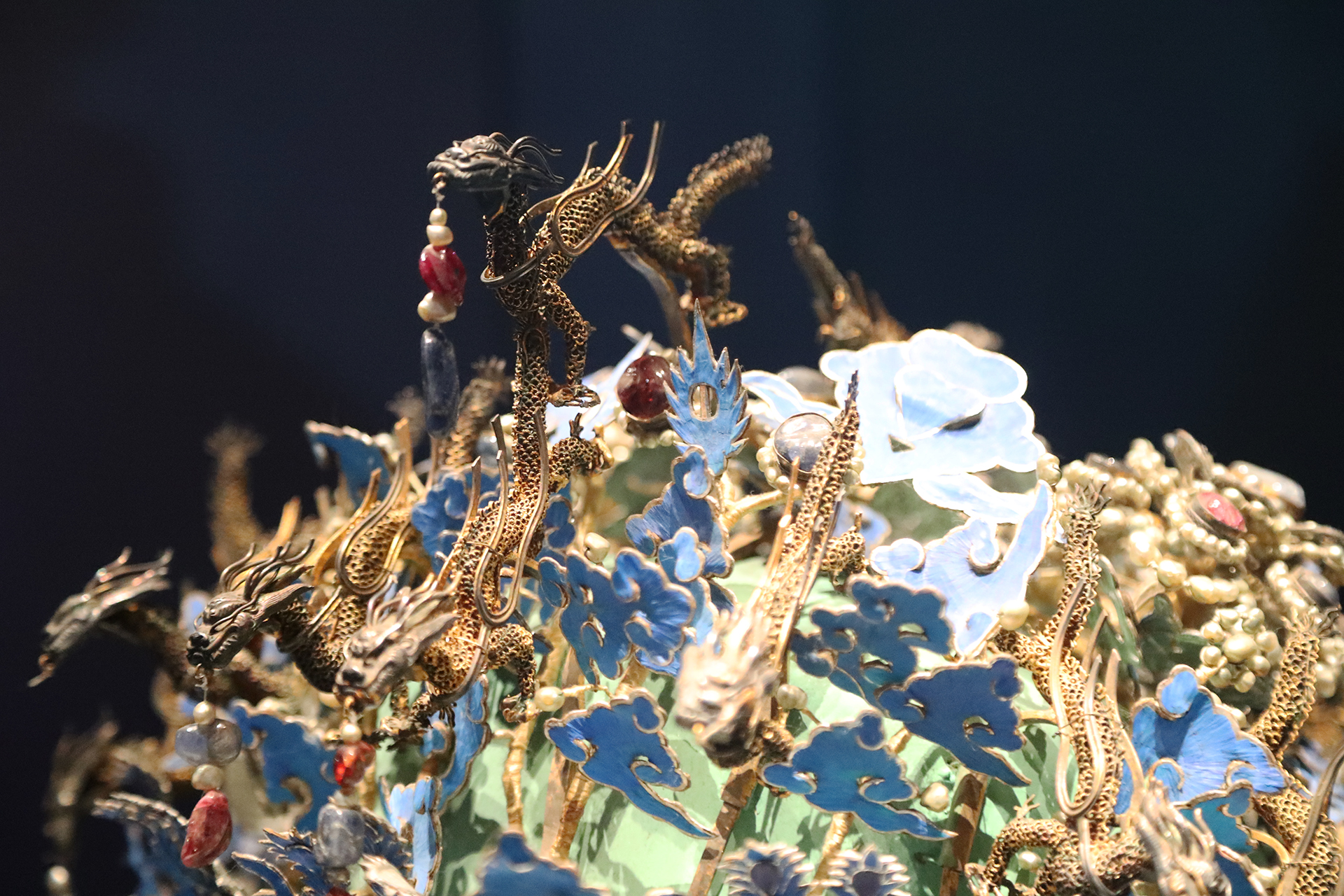 This photo taken on October 10, 2026 shows details of the Twelve-Dragon and Nine-Phoenix Crown of Empress Xiaojing from the Ming Dynasty on display at the Capital Museum in Beijing. /CGTN