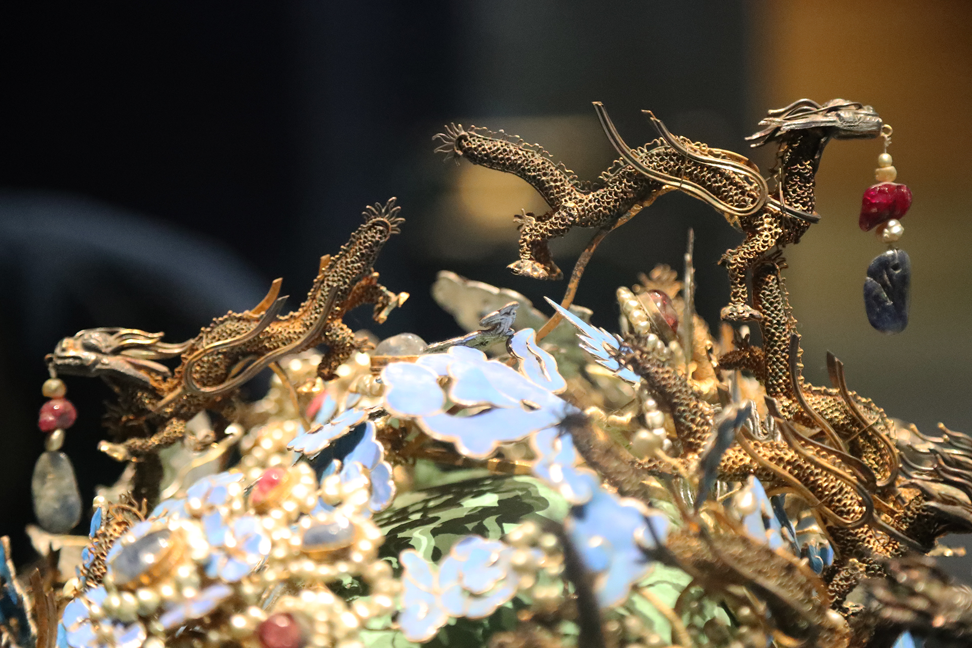 This photo taken on October 10, 2026 shows details of the Twelve-Dragon and Nine-Phoenix Crown of Empress Xiaojing from the Ming Dynasty on display at the Capital Museum in Beijing. /CGTN