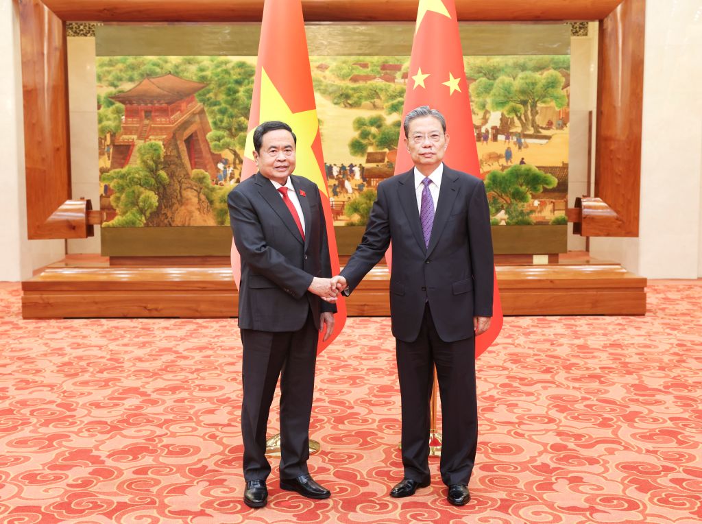 Zhao Leji (right), chairman of the National People's Congress Standing Committee, holds talks with Tran Thanh Man, chairman of the National Assembly of Vietnam, in Beijing, capital of China, October 12, 2026. They co-chaired the second session of the joint committee between the legislative bodies. /Xinhua
