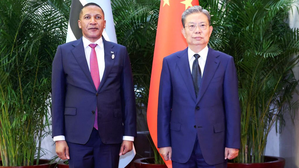 Zhao Leji (R), chairman of the National People's Congress Standing Committee, meets with Botswana's President Duma Gideon Boko in Beijing, China, October 13, 2026. /Xinhua