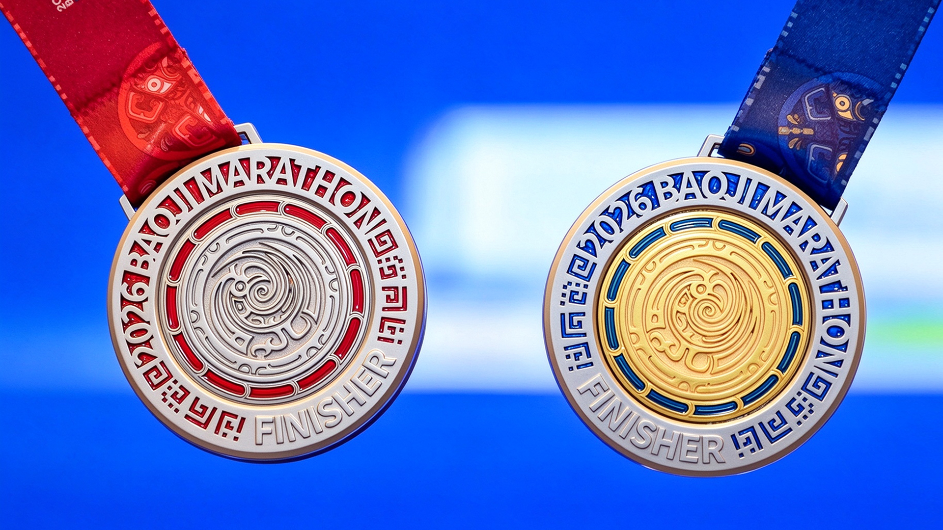 The half marathon (red ribbon) and full marathon (blue ribbon) medals for the 2026 Baoji Marathon in Baoji, northwest China's Shaanxi Province, October 15, 2026. 
