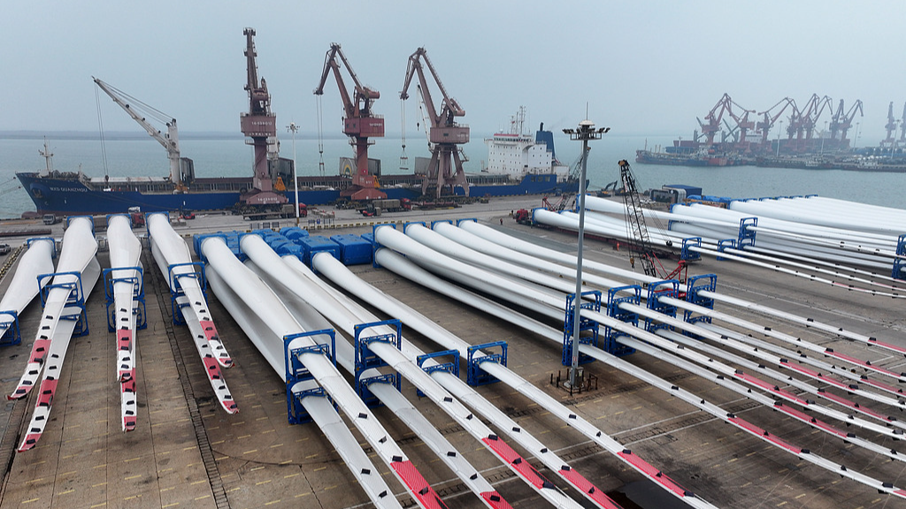 Wind turbine equipment for export is prepared for loading at the Dongfang Port Company terminal of Lianyungang Port in Lianyungang, Jiangsu Province, China, October 13, 2026. /VCG