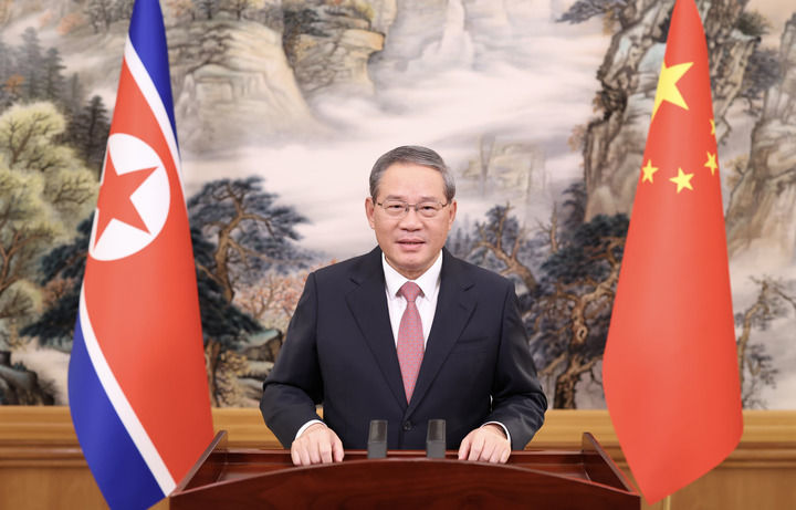 Chinese Premier Li Qiang delivers a video speech at the opening ceremony of the new China-DPRK Yalu River bridge connecting northeast China's Liaoning Province and North Pyongan Province of the DPRK, October 15, 2026. /Xinhua