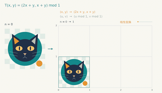 Computer-generated animation shows the Arnold cat map stretching, a classic example of the chaotic Anosov systems at the heart of the 3D Ghys conjecture. /CMG
