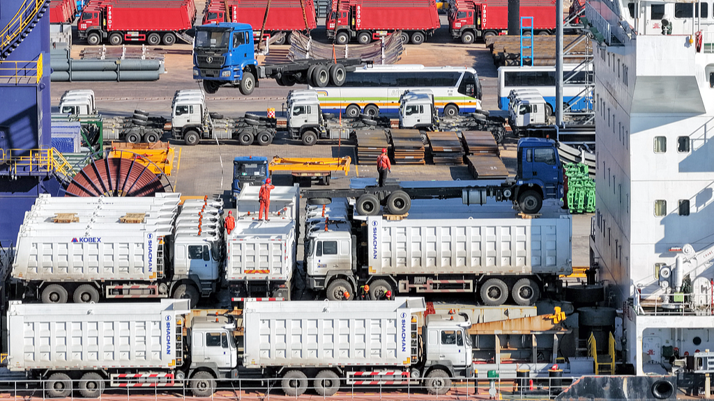 Vehicles bound for Indonesia are loaded onto a ship at Yantai Port, Shandong Port Group, in Shandong Province, China, on October 14, 2026. /VCG