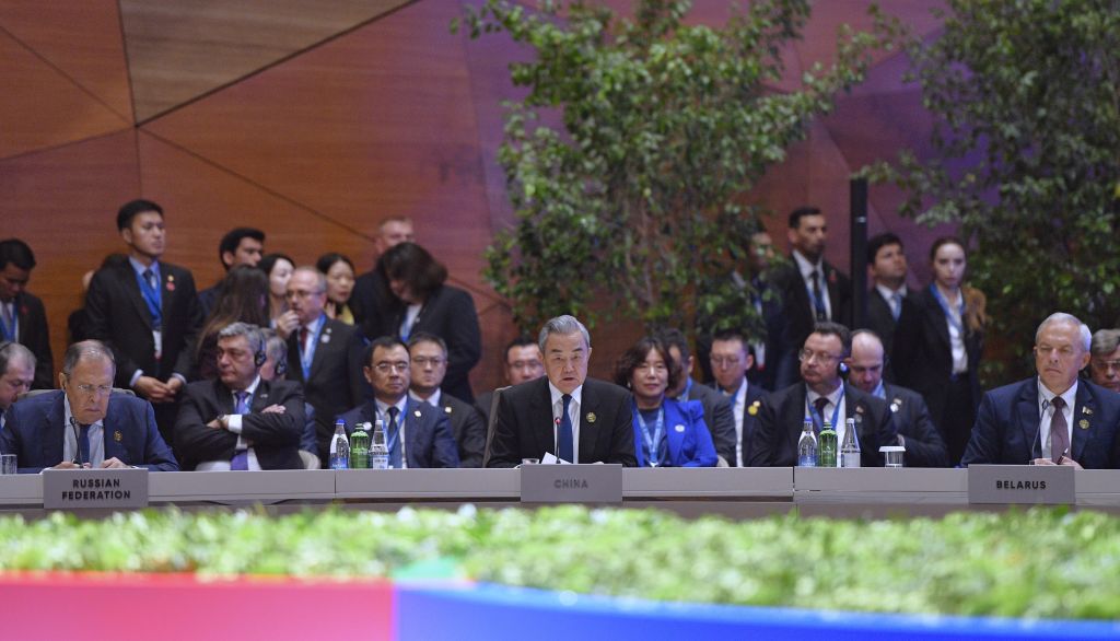 Chinese Foreign Minister Wang Yi attends the Seventh Summit of the Conference on Interaction and Confidence Building Measures in Asia (CICA) and delivers a speech in Baku, Azerbaijan, October 15, 2026. /Xinhua