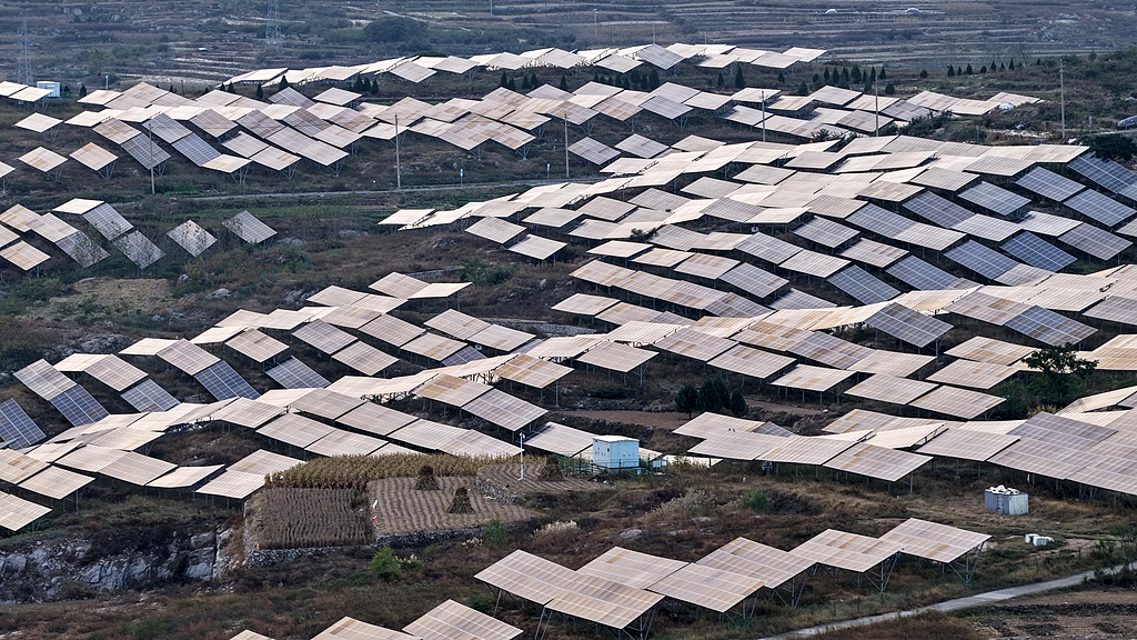 View of a photovoltaic power station on mountains,  Rizhao City, Shandong Province, China, Oct 13, 2026. /VCG