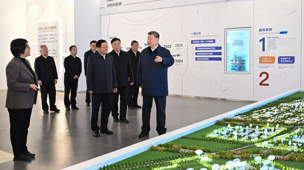 Chinese President Xi Jinping learns about the development of the green computing power industry while visiting Chahar High Tech Development Zone in Ulanqab, north China's Inner Mongolia Autonomous Region, October 16, 2026. /Xinhua
