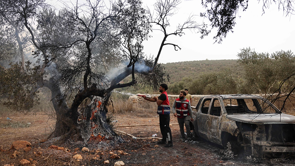 Palestinian volunteers extinguish an olive tree and a Palestinian-owned vehicle set alight, reportedly by Israeli settlers, near the village of Turmus Ayya, north of Ramallah, in the Israeli-occupied West Bank, October 16, 2026. /VCG
