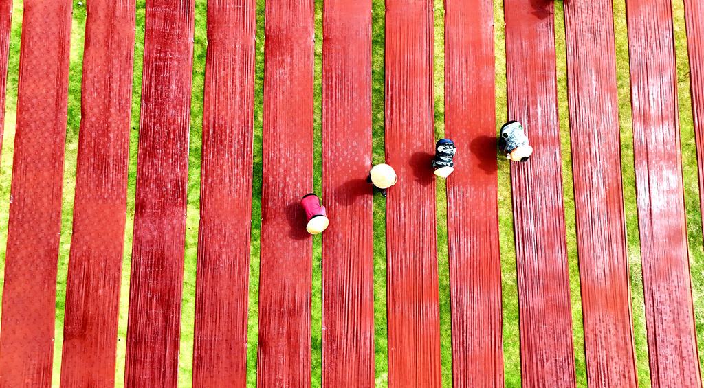 Workers dry xiangyunsha, or gambiered Guangdong gauze, a fabric designated as a national intangible cultural heritage item, on the lawn of Lavender Manor in Xincheng County, Laibin City, south China's Guangxi Zhuang Autonomous Region. /VCG