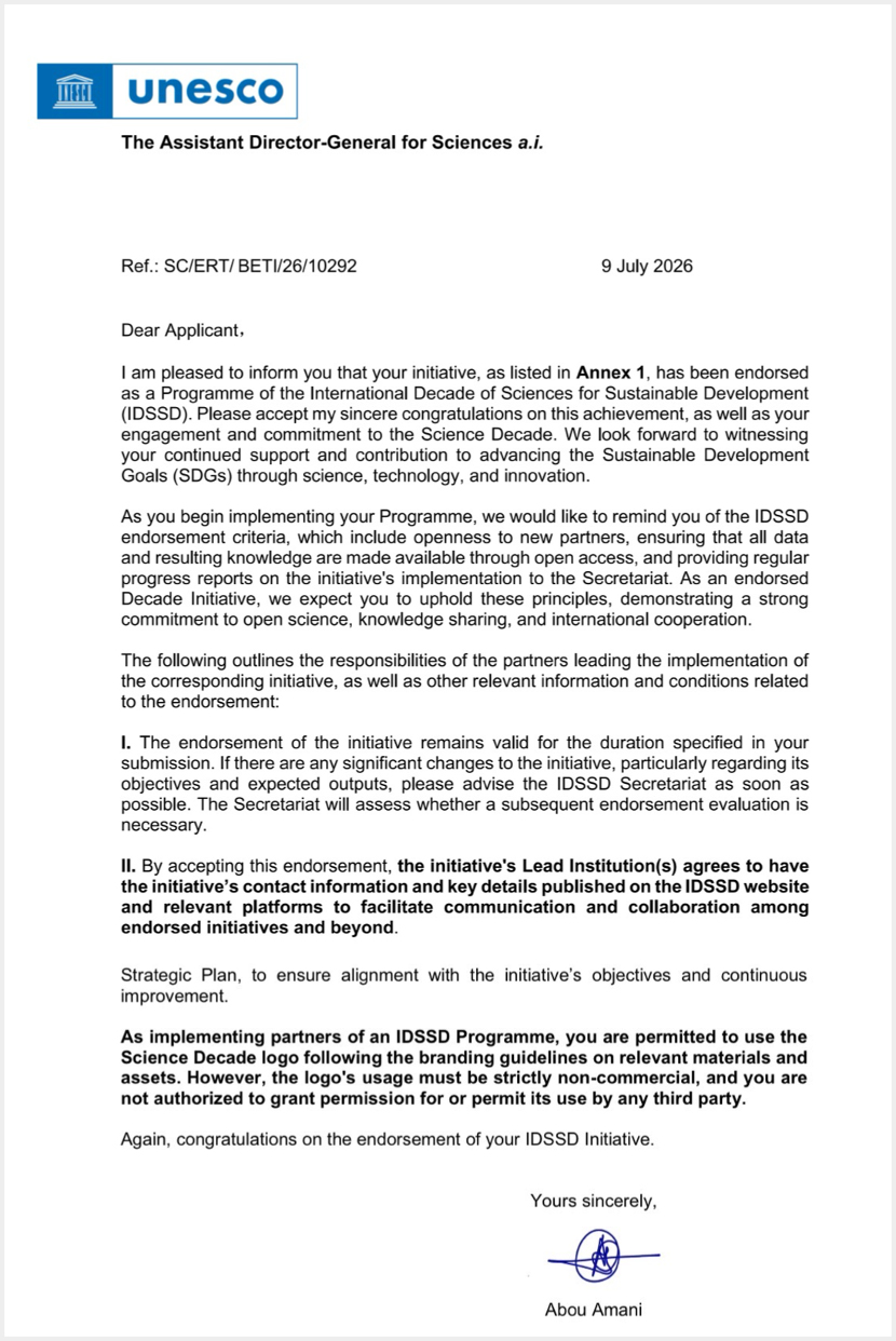 Certificate recognizing M-CHAIN as part of the third batch of endorsed initiatives under the United Nations International Decade of Sciences for Sustainable Development (2024-2033). /Fan Xuanmei