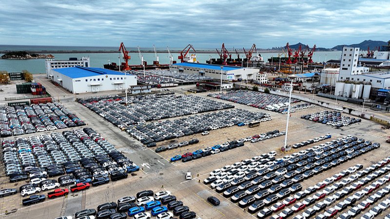 Chinese-made new energy vehicles are lined up for export at Lianyungang Port in east China's Jiangsu Province, October 18, 2026. /VCG