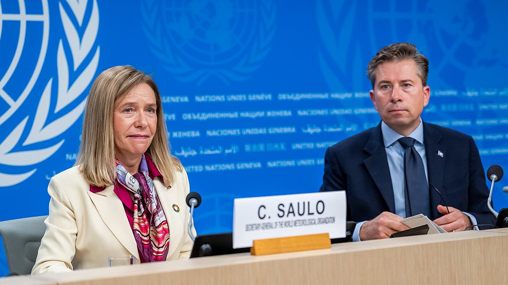 WMO Secretary-General Celeste Saulo (L) and Under-Secretary-General for Humanitarian Affairs and Emergency Relief Coordinator Tom Fletcher (R) urge early action as unprecedented El Niño is set to hit fragile communities hard, during a press conference at the European headquarters of the United Nations, in Geneva, Switzerland, October 21, 2026. /VCG
