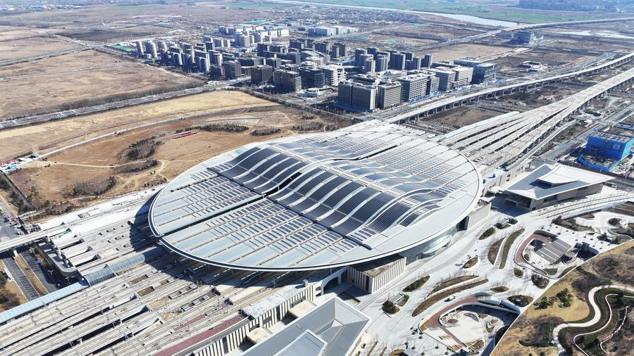 This aerial drone photo taken on March 18, 2026 shows the Xiong'an Railway Station in Xiong'an New Area, north China's Hebei Province. /Xinhua