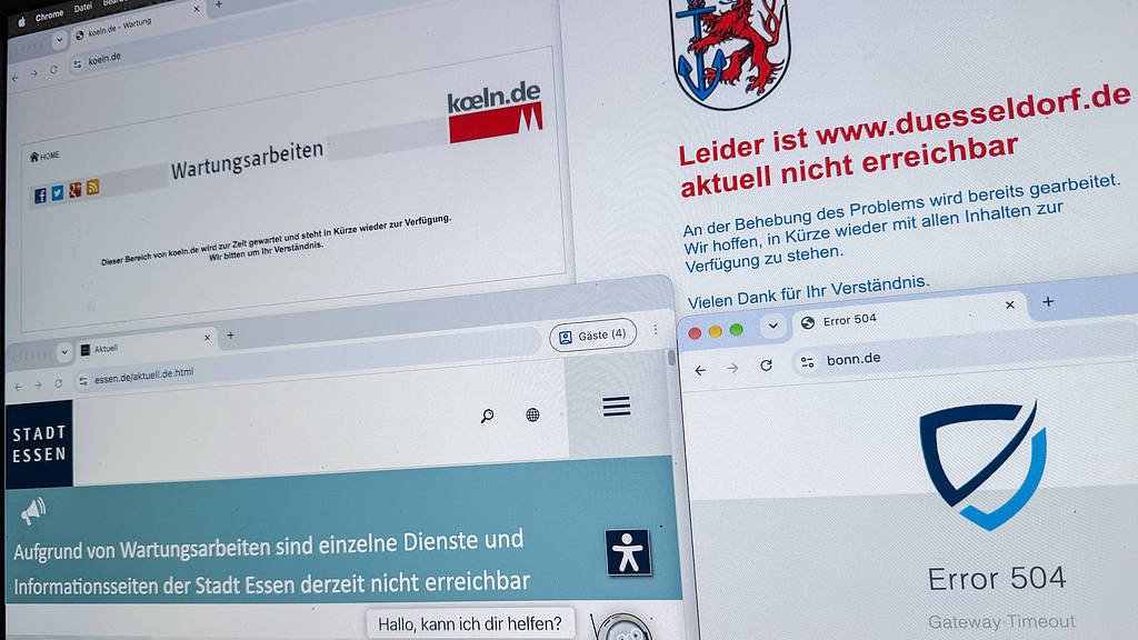 A computer screen shows the partially or completely inaccessible city websites of Cologne, Dusseldorf, Essen and Bonn in Germany, affected by PHP security vulnerabilities, October 21, 2026. /VCG