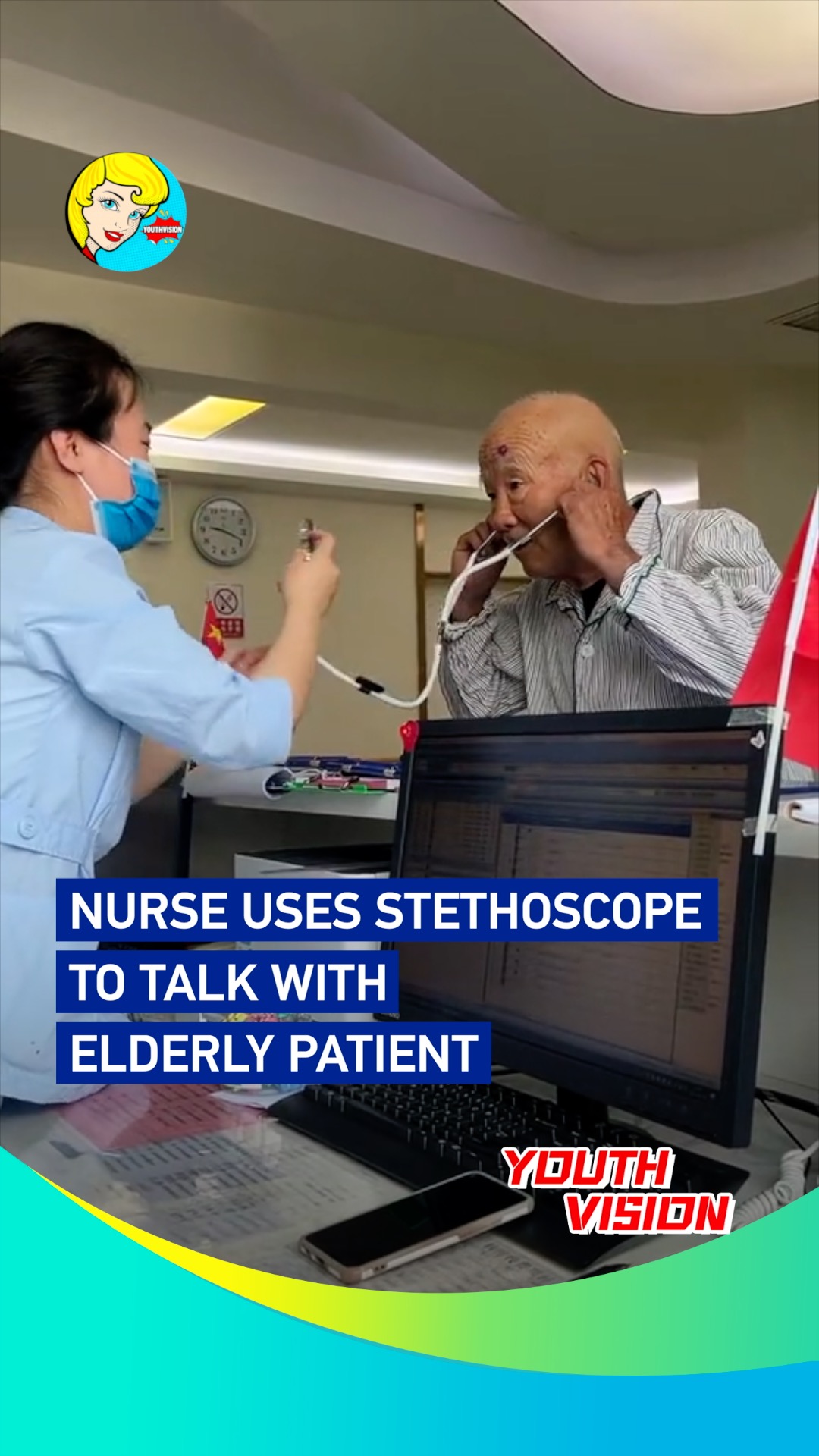 Nurse uses stethoscope to talk with elderly patient