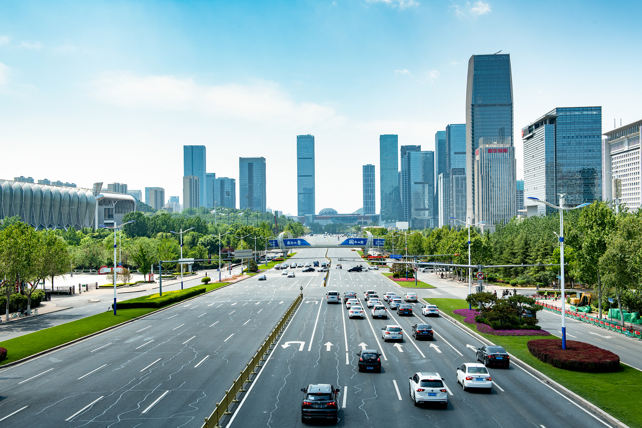 An aerial view of the Jinan Central Business District, Jinan City, Shandong Province, China. / VCG