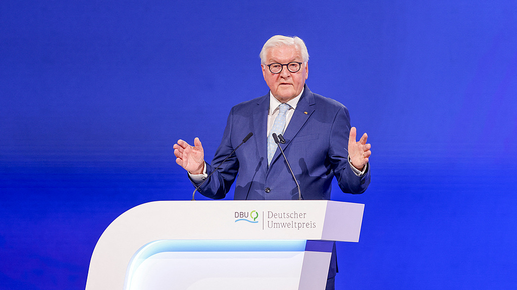 German President Frank-Walter Steinmeier delivers a keynote address at the German Environmental Award ceremony, North Rhine-Westphalia, Germany, October 25, 2026. /VCG