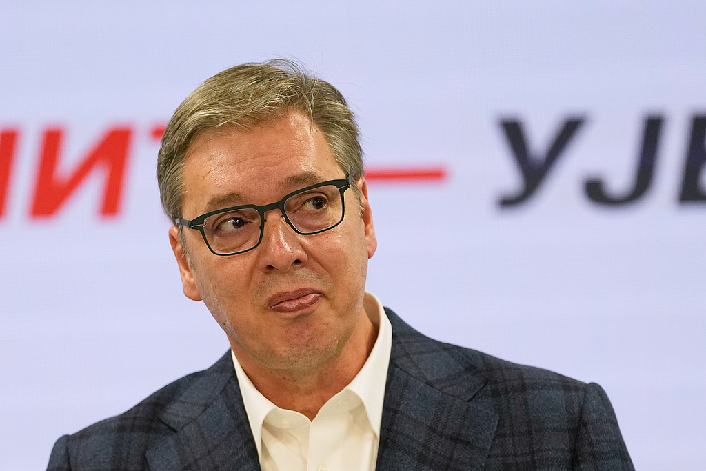 Aleksandar Vucic, leader of the right-wing Serbian Progressive Party (SNS) speaks at the party headquarters, after conceding defeat in the parliamentary election in Belgrade, Serbia, October 25, 2026. /VCG