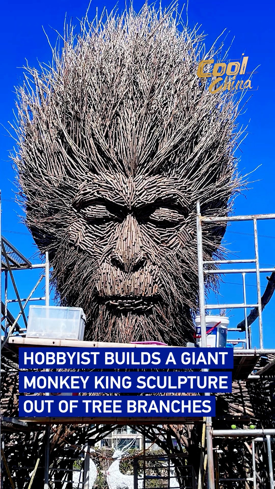 Hobbyist builds a giant Monkey King sculpture out of tree branches