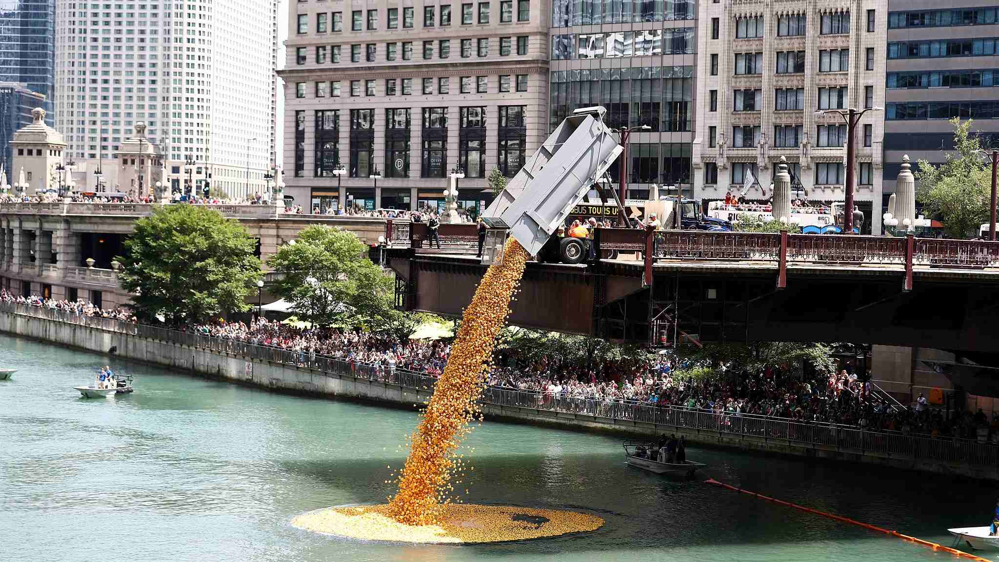 Over 60,000 rubber ducks make a splash in Chicago River for charity CGTN