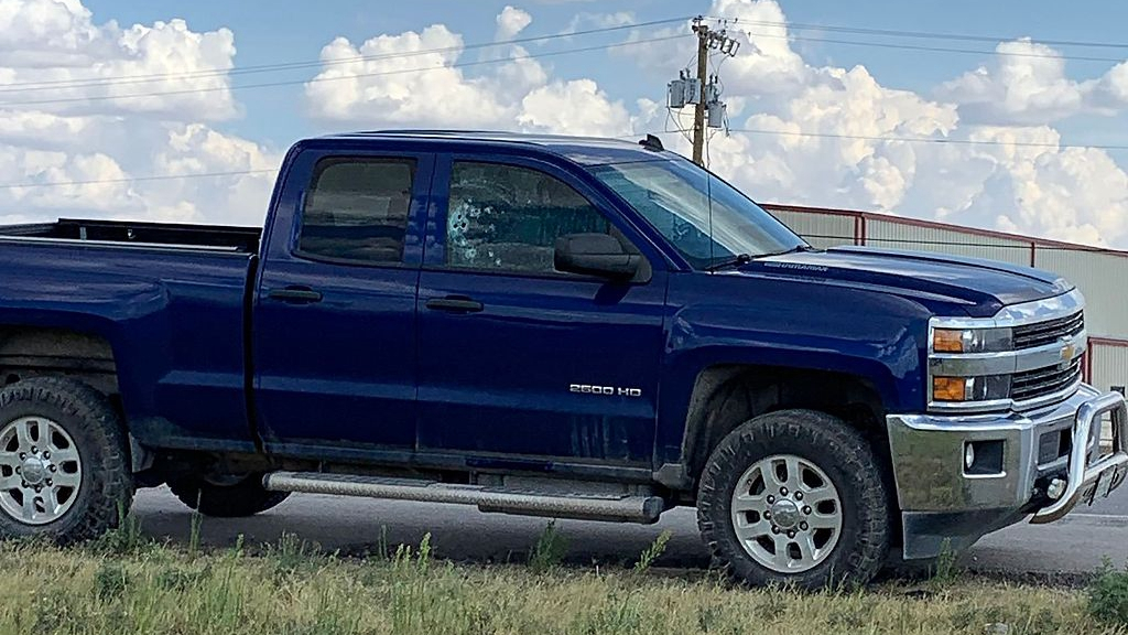 This handout image obtained courtesy of Ernst Villanueva taken on August 31, 2019 show a car with a bullet hole on the windows after a gunman opened fire in the I-20 highway in between Odessa and Midland, Texas. /VCG Photo