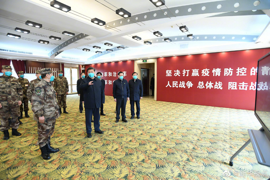 President Xi Jinping learns about Huoshenshan Hospital's operations, treatment of patients, protection for medical workers and scientific research after arriving in Wuhan, China, March 10, 2020. /Xinhua