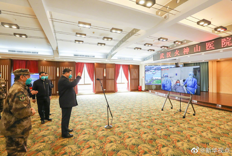 President Xi Jinping learns about Huoshenshan Hospital's operations, treatment of patients, protection for medical workers and scientific research after arriving in Wuhan, China, March 10, 2020. /Xinhua